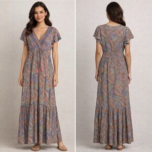 Bigg Bull Whimsical Paisley Print Boho Silk Blend Flutter Sleeve Maxi Dress